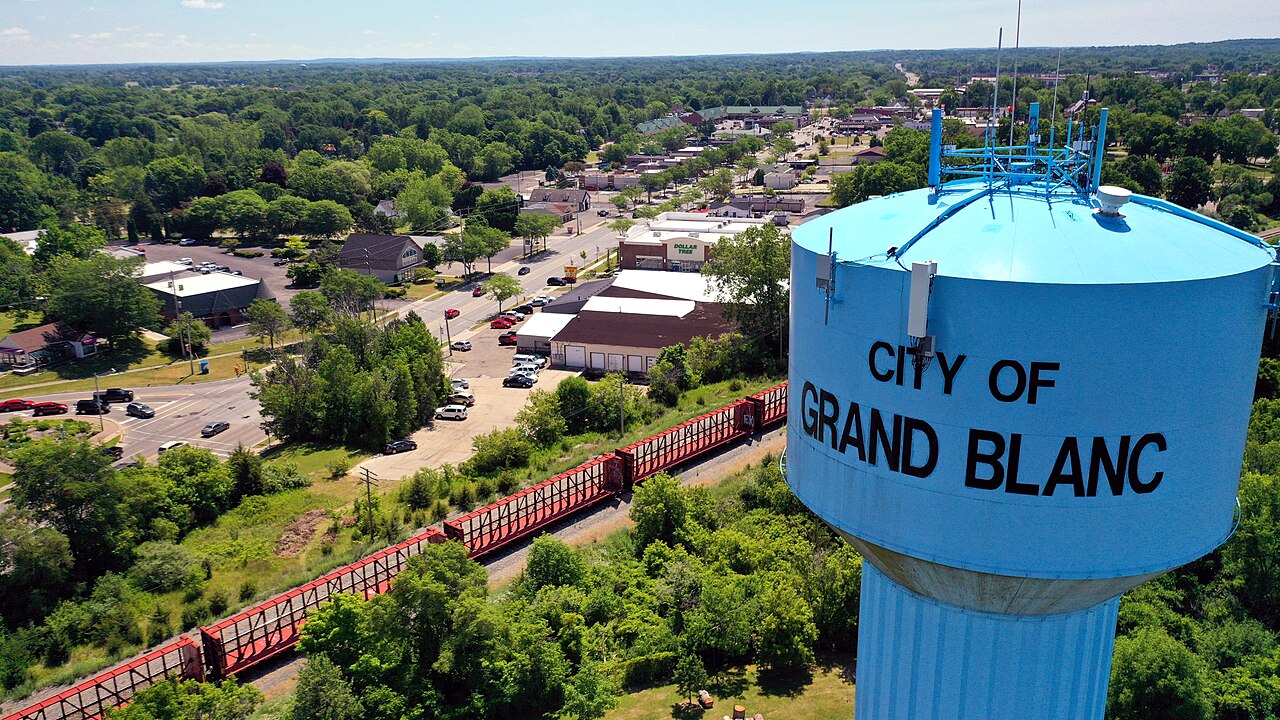 Water tower overlooking the city of Grand Blanc, Michigan
