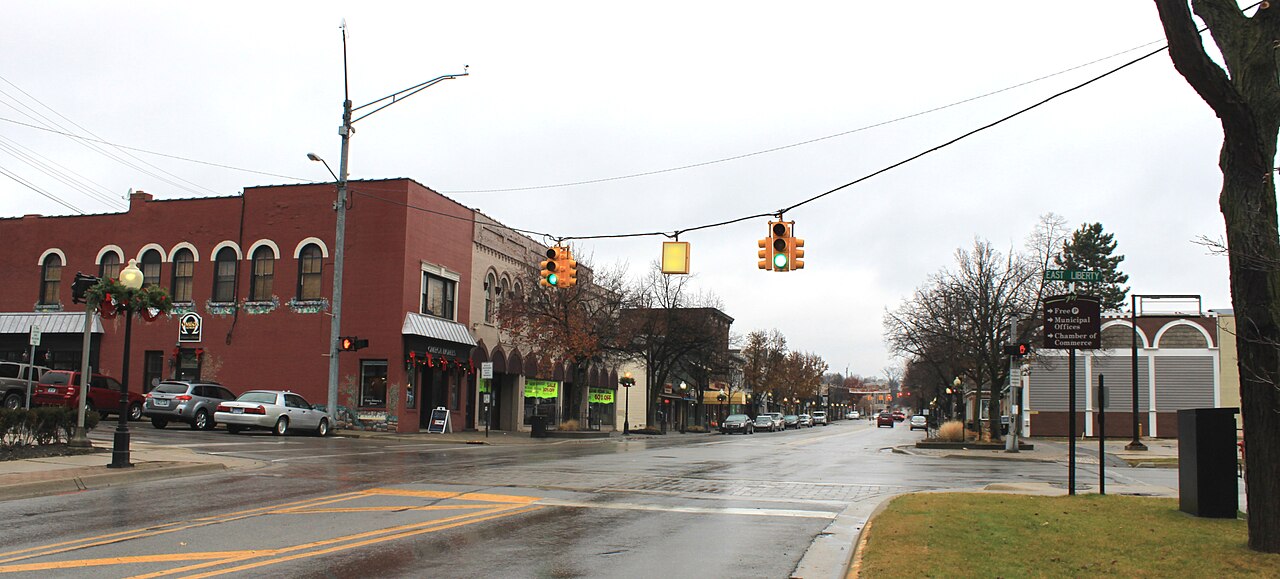 Village of Milford Michigan central business district, Main Street at Liberty Street, facing north